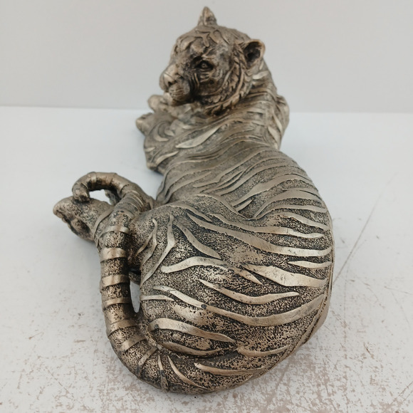 Tiger Resting Sculpture Silver Tone Wild Animal Art Statue Lying Big Cat Decor - Picture 3 of 11